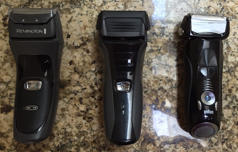 On the left, the Remington razor that died 2 months ago. In the middle, the Remington I replaced it with. On the right, the Braun razor I started using on Saturday.