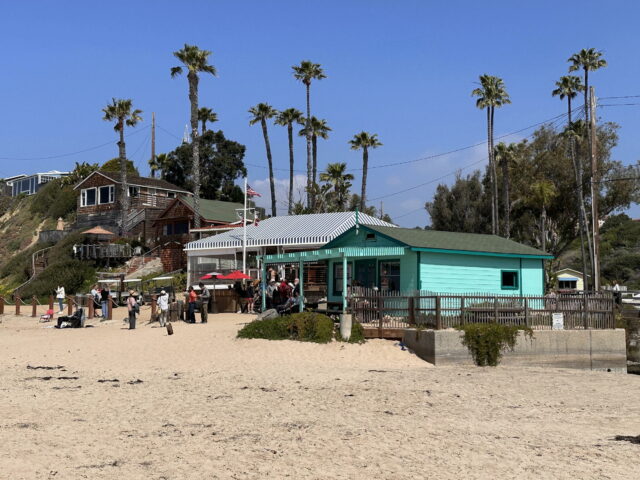 Crystal Cove cottages. The Beachcomber restaurant is behind the light blue house.